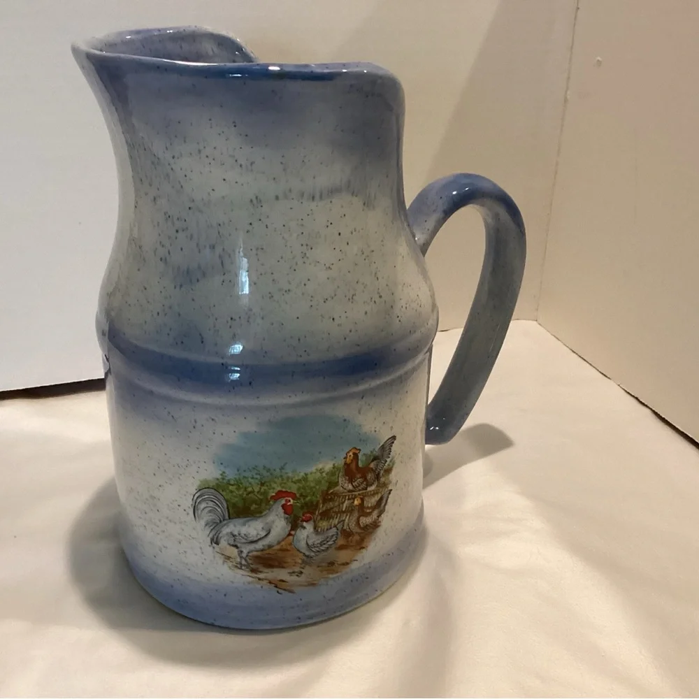 Country Farmhouse Pitcher Milk Crock Tea Water Pitcher Stoneware Blue/White - Picture 1 of 9